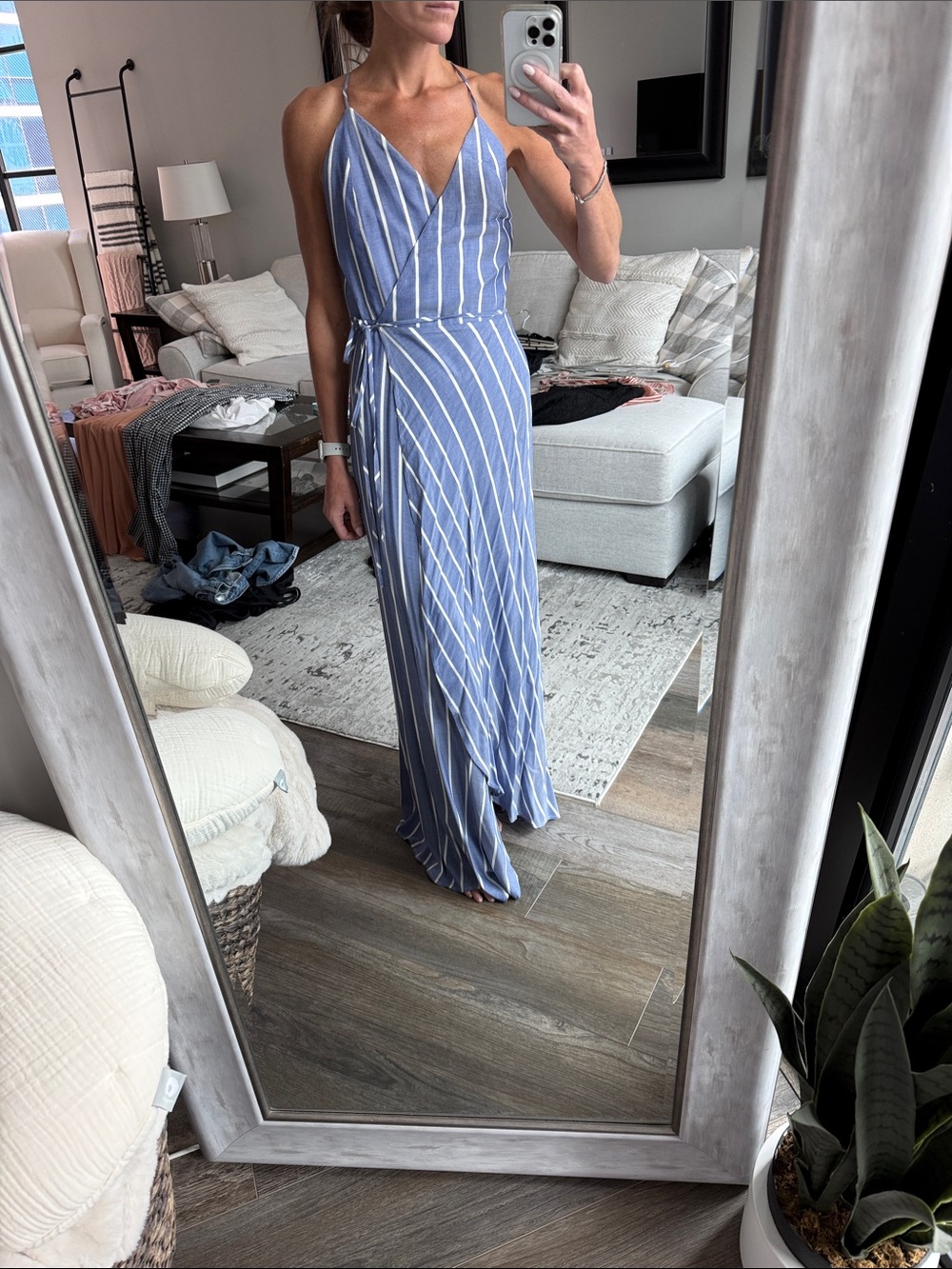 Bardot Light Blue and White Striped Wrap Maxi Dress